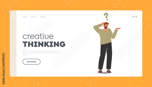 Creative Thinking Landing Page Template. Confused Man Scratch Occiput with Big Question Mark over Head, Search Answers
