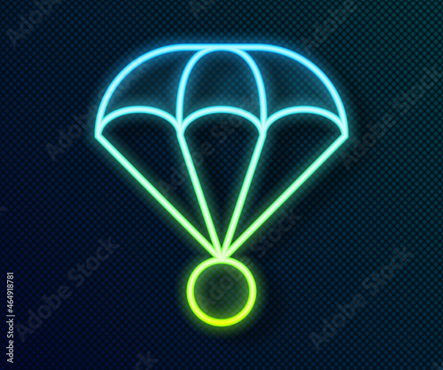 Glowing neon line Parachute icon isolated on black background. Extreme sport. Sport equipment. Vector