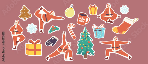 Set of Stickers Santa Claus Doing Yoga Poses. Christmas Character Meditate and Relax at Xmas Tree. Winter Holiday Sport