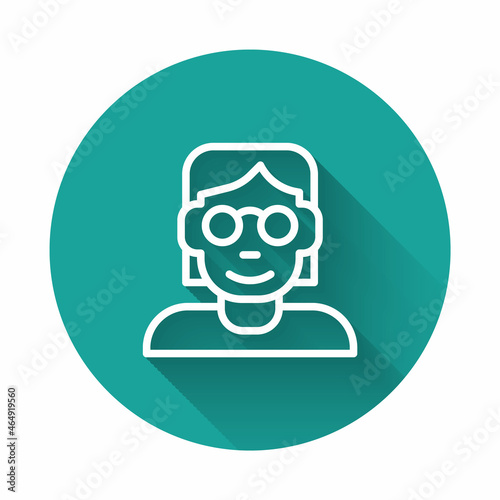 White line Hacker or coder icon isolated with long shadow background. Programmer developer working on code, coding, testing, debugging, analysing. Green circle button. Vector