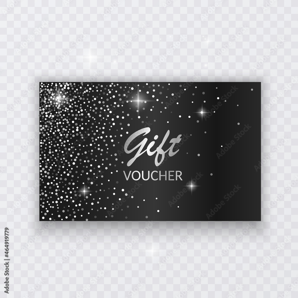 Obraz premium Glitter background with glowing lights. Silver sparks on a black backdrop, greeting card