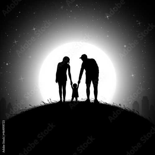 Family walk on night. Father, mother and child silhouettes. Full moon