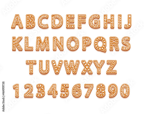 Christmas Cookies Alphabet and Numbers, Festive New Year Gingerbread Abc Font and Numerals with Glaze, Xmas Biscuit