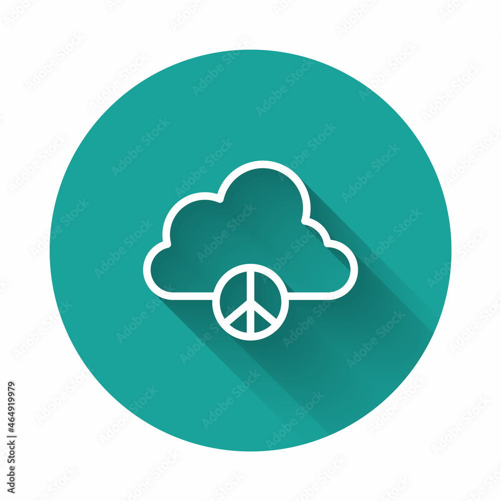 White line Peace cloud icon isolated with long shadow background. Hippie symbol of peace. Green circle button. Vector White line Peace cloud icon isolated with long shadow background. Hippie symbol of peace. Green circle button. Vector