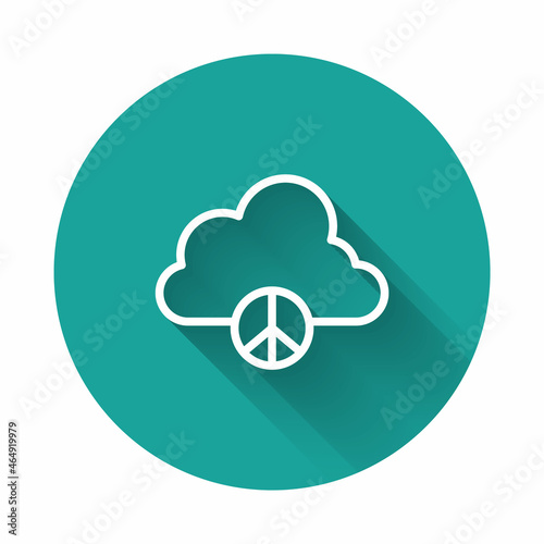 White line Peace cloud icon isolated with long shadow background. Hippie symbol of peace. Green circle button. Vector
