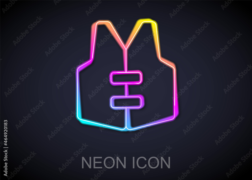 Glowing neon line Life jacket icon isolated on black background. Life vest icon. Extreme sport. Sport equipment. Vector
