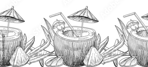 Coconut Cocktail Doodle Hand Drawn Monochrome Drawing. Summer Refreshing Drink in Nut Shell with Straw and Umbrella