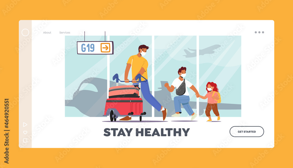 Stay Healthy Landing Page Template. Father Travelling with Little Daughter and Son Characters. Young Man with Children