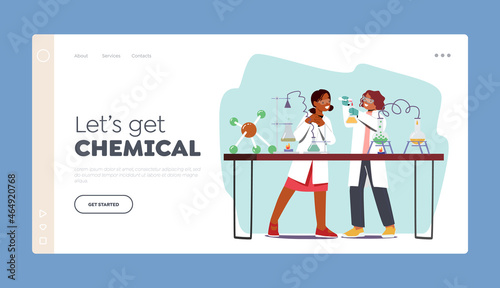 Wallpaper Mural Kids in Chemistry Laboratory Landing Page Template. Education Science for Children, Characters in Lab Conduct Experiment Torontodigital.ca