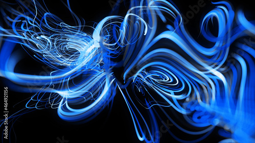 3d render. Visualization of neural network operation bg. Abstract lines of light streaks in air. Stream of lines forms curled blue lines like glow light trails. Swirling pattern like curle noise.