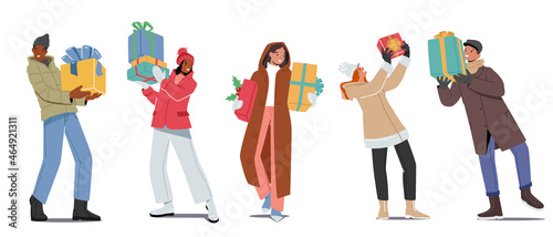 Happy People in Warm Winter Wear and Hats Holding Gift Boxes for Christmas Celebration. Characters n Buying Presents