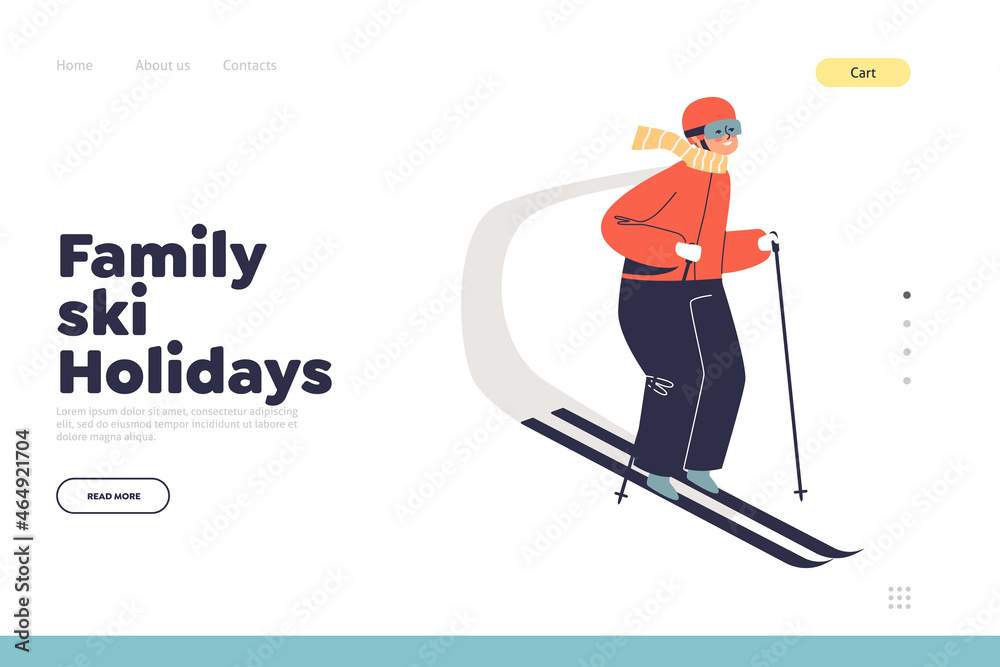 Family ski holidays concept of landing page with kid boy skiing during winter vacation