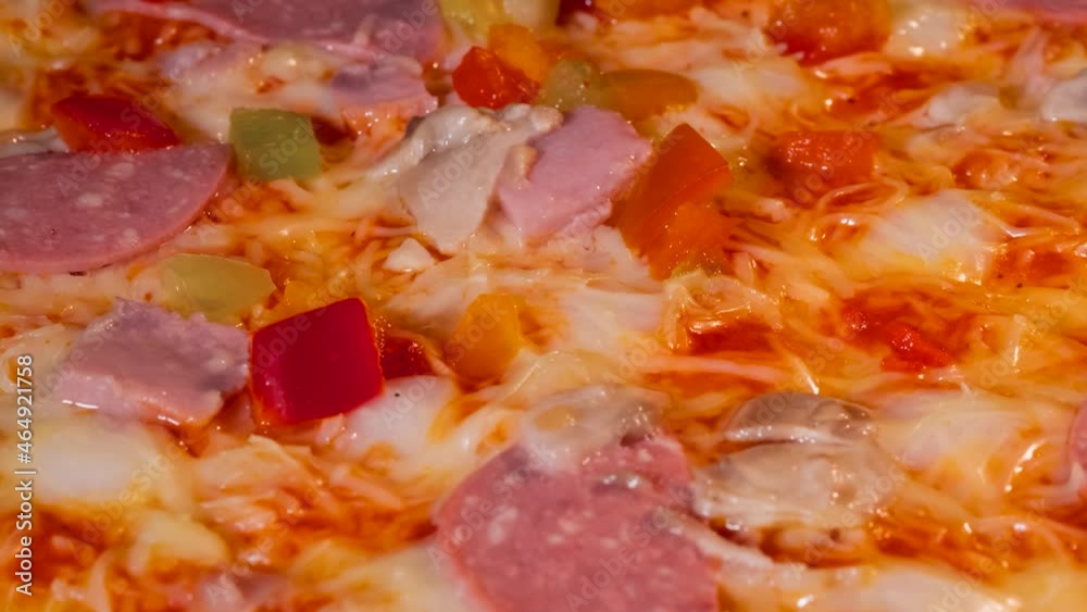 Timelapse - pizza with sausage, mushroom, pepper, cheese baking on tray in electric oven in kitchen at home - close up view. Italian cuisine, homemade bakery, fast food, cooking and time lapse concept Timelapse - pizza with sausage, mushroom, pepper, cheese baking on tray in electric oven in kitchen at home - close up view. Italian cuisine, homemade bakery, fast food, cooking and time lapse concept