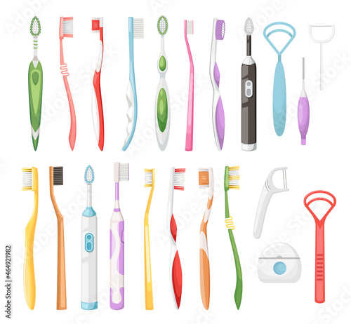 Set of Dental Care Icons. Oral Hygiene Individual Tools. Clean Mouth Home Equipment Electric Tooth Brushes, Dental Floss