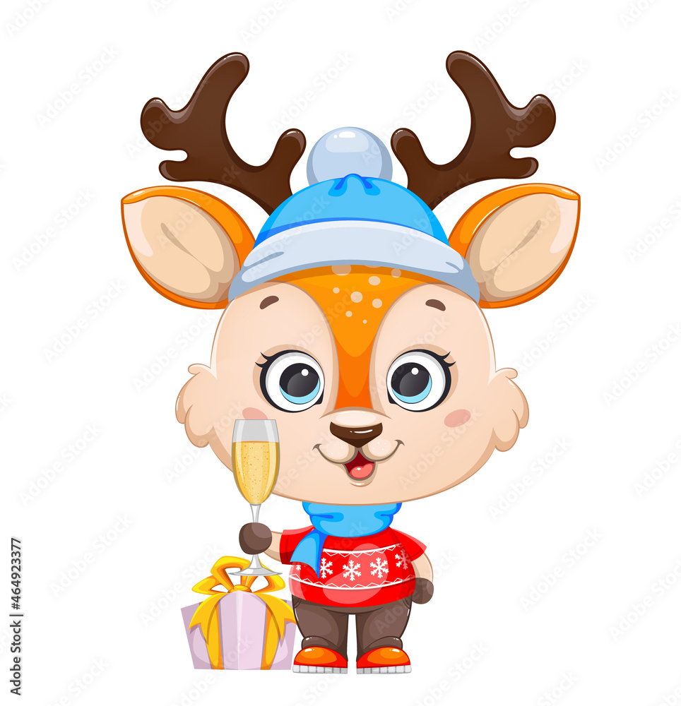 Fototapeta premium Cute baby deer holding a glass of champagne