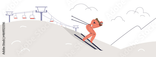 Female skier enjoy winter vacation on ski resort. Happy young woman riding downhill in mountains