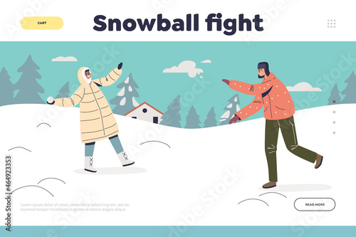 Snowball fight concept of landing page with happy kids playing throwing snow balls