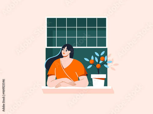 Woman looking out of open window with a plant pot on the windowsill. Cute girl waiting in the house, staying home. Breathing fresh air concept. Isolated flat vector illustration