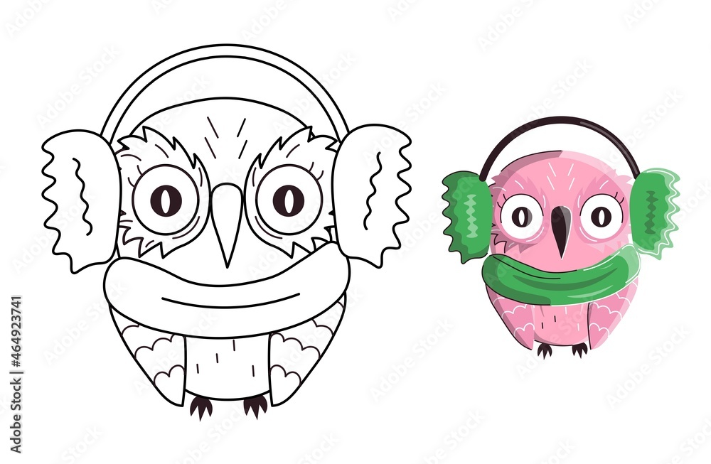 Kids coloring book page with owl in headphones and scarf. Vector outline illustration Kids coloring book page with owl in headphones and scarf. Vector outline illustration