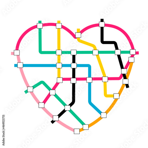 Abstract metro subway map in the shape of  heart. Vector line illustration