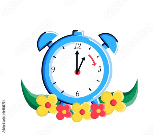 Daylight saving time fall back concept. Cartoon clock  with red autumn leaves. Vector flat illustration