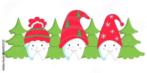 Set of cute Christmas teeth in Santa hats with new year tree. Vector holiday illustration