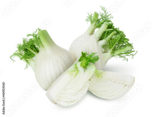 fresh fennel bulb with slice isolated on white background with full depth of field