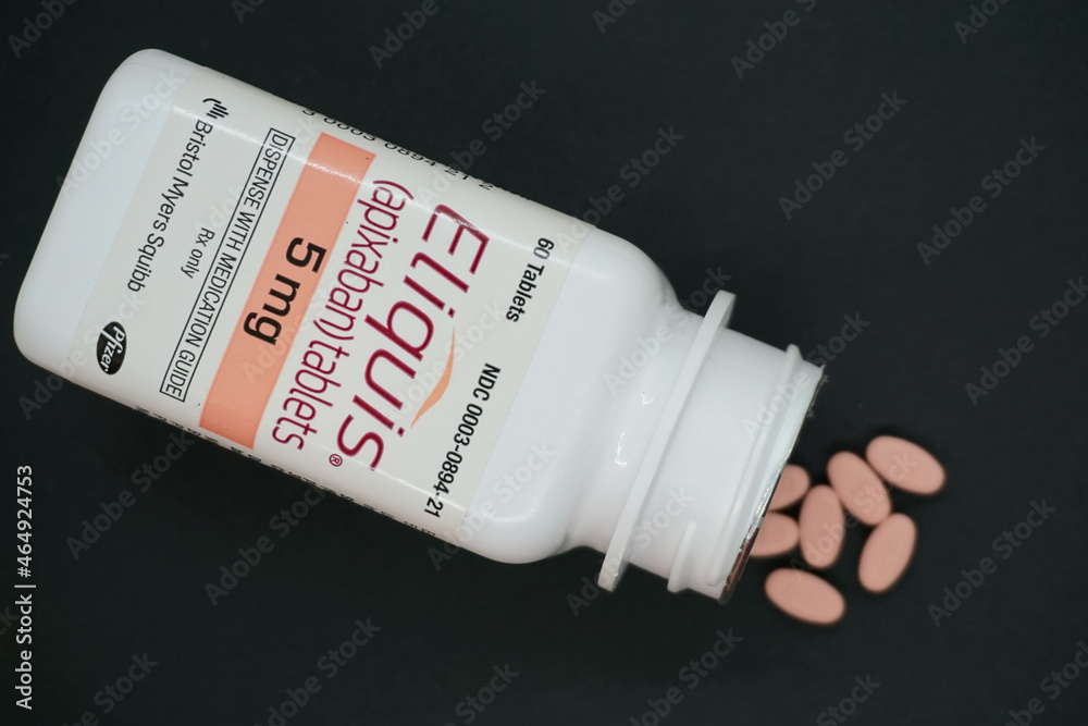 CHICAGO, UNITED STATES Oct 01, 2021 A bottle of Eliquis prescription blood thinner medication