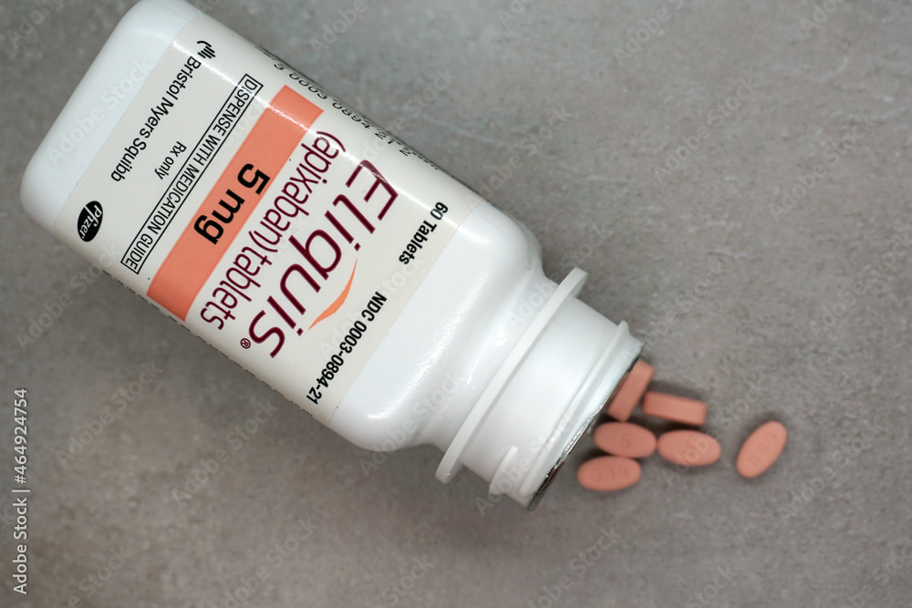 CHICAGO, UNITED STATES Oct 01, 2021 A bottle of Eliquis prescription blood thinner medication