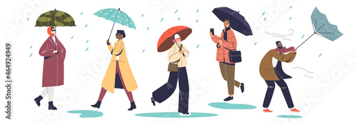 Canvastavla Rainy autumn weather: people walk holding umbrellas under rain struggling with c