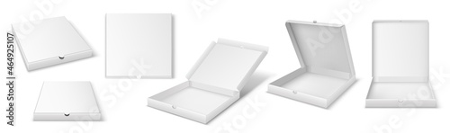 Pizza boxes set. Open and closed pizza pack, top or front view paper white carton mockup