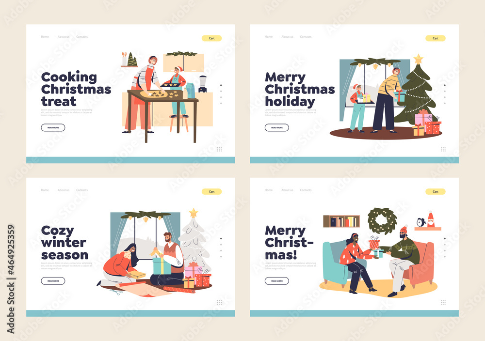 Celebrating Christmas concept of landing pages set with people prepare for winter holidays at home