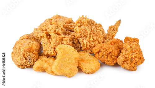 Fried chicken and nuggets isolated on white background.