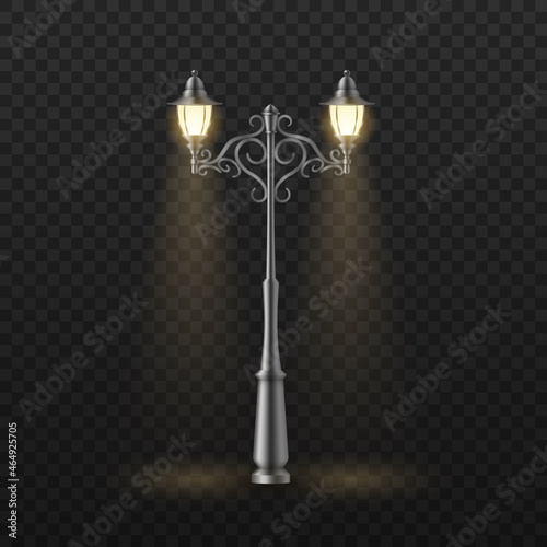 Vintage street light, retro lamppost on poles for urban lighting. City architecture design object