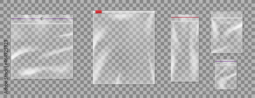 Realistic plastic zipper bag mockup set isolated on transparent background. Blank packaging