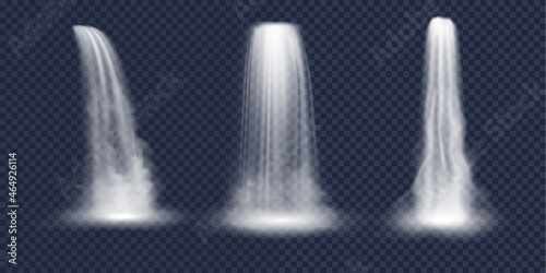 Waterfall cascade set. Realistic nature water fall with fog. Falling stream of pure liquid or water