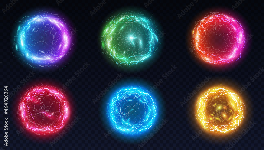 Energy balls and plasma sphere, electric lightning and light flash sparks. Magic lightning discharge - obrazy, fototapety, plakaty 