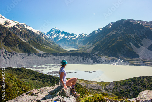 Rear view of woman hiker in Aoraki Mount Cook National Park Gammack a New Zealand photo