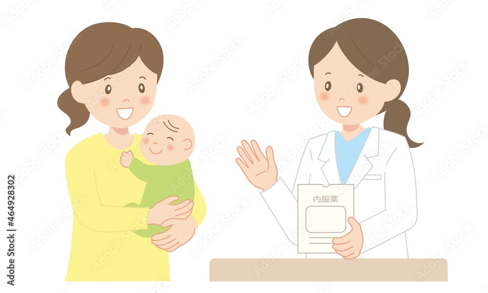 赤ちゃんを抱っこする女性と薬剤師の女性