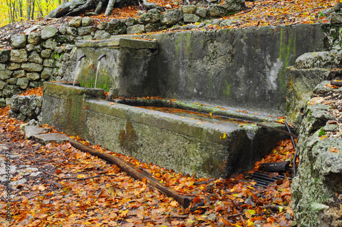 antica Fonte in montagna piena di foglie cadute in autunno