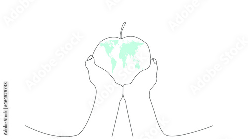 world food day concept. Apple drawing design with apple in hand and world map on it.