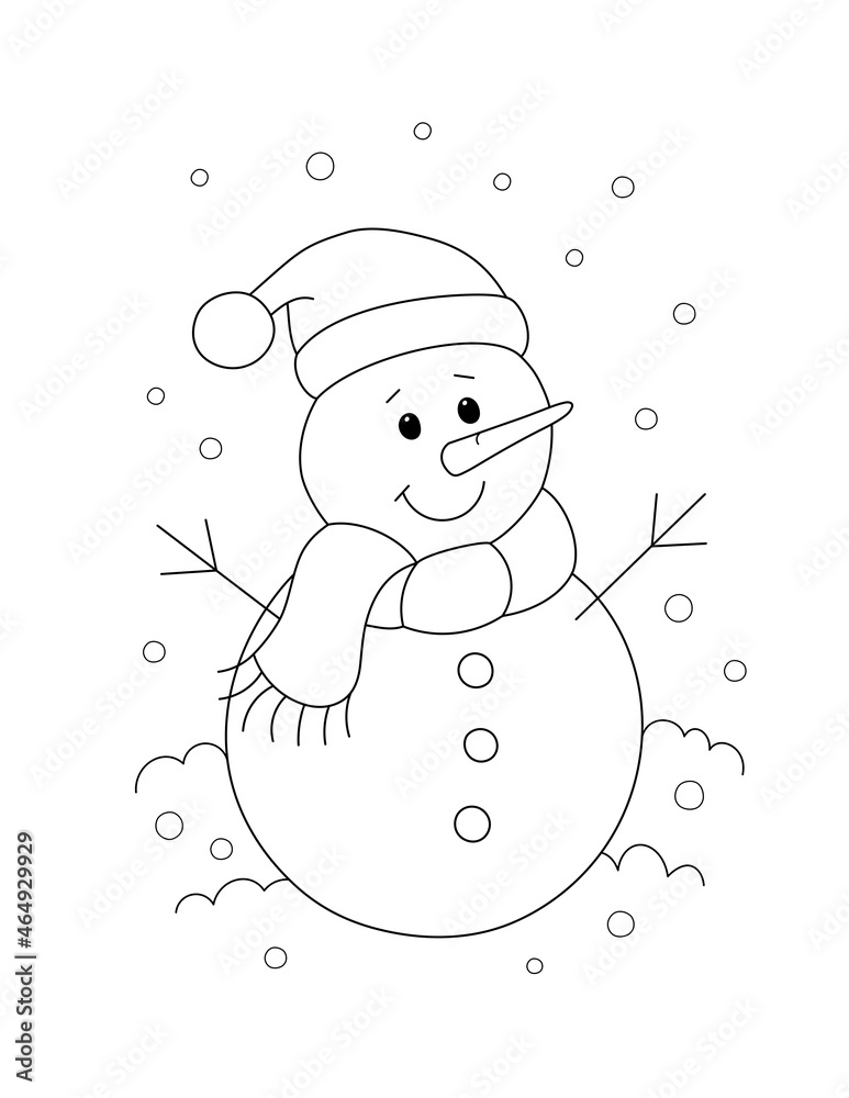 happy snowman with scarf and a christmas hat, easy coloring page ...