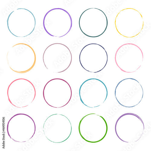 Colored grunge circle frames. Ink signs. Creative abstract design. Interior art. Vector illustration. Stock image. 