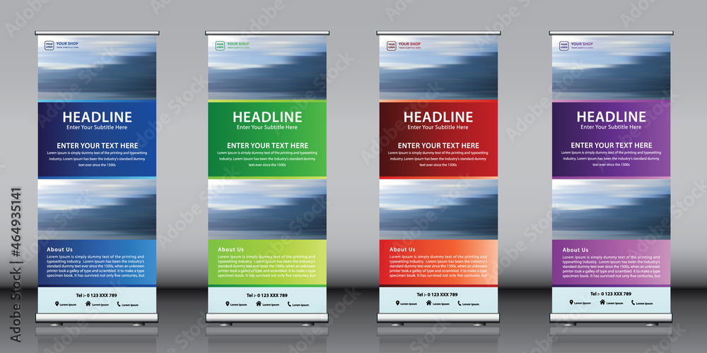 Banner Template, Abstract Blue, Green, Red and Purple Geometric Background vector. Business Roll Up Set. Standee Design. Pull up banner, j-flag, x-stand, x-banner, exhibition display
