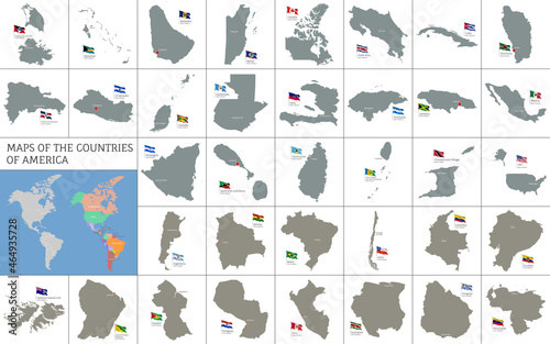 Map of the Countries of America with flags. Highly detailed editable political map in different colors with national borders and silhouettes of countries of South and North America vector illustration