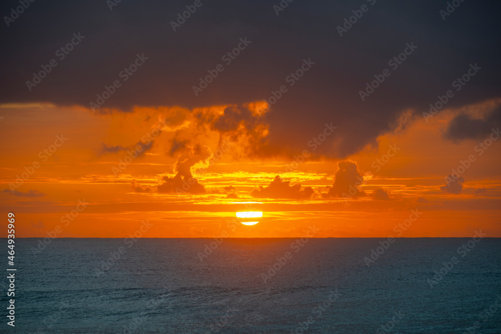 Sunrise over the ocean on Cancun beach on Caribbean Sea, Cancun, Quintana Roo QR, Mexico.
