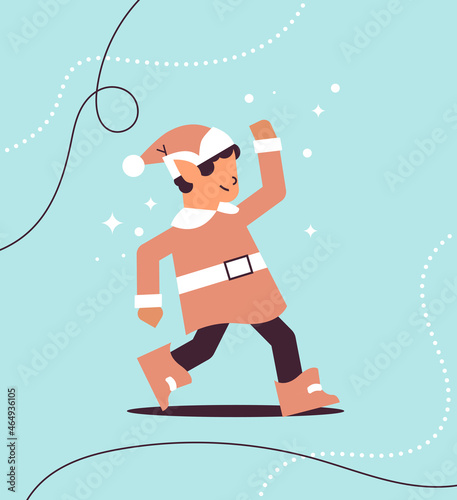 male elf in uniform having fun santa helper celebrating happy new year merry christmas holidays concept