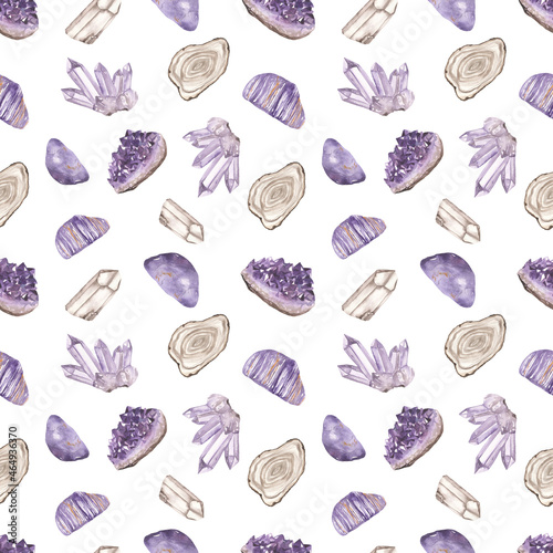 Watercolor seamless pattern with crown chakra healing crystals amethyst, choroite, rock crystal, agate on white background