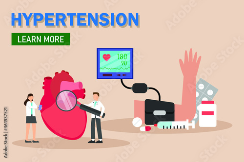 Hypertension vector design. Two doctors measure using a magnifier to checking heart patient while getting hypertensive disease