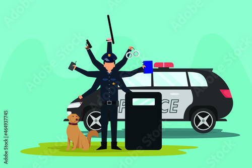 Multitasking vector concept. Police officer doing multitask with many hands while standing with his dog and car